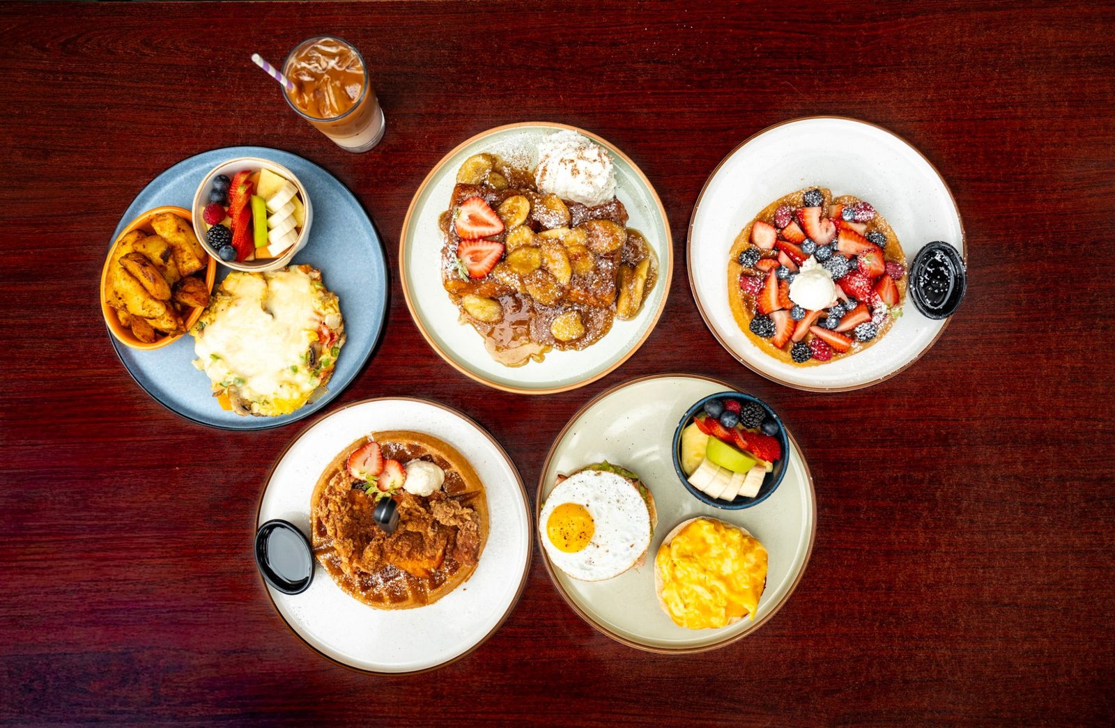 Vibrant breakfast brunch spread at Eight AM, Fisherman's Wharf San Francisco